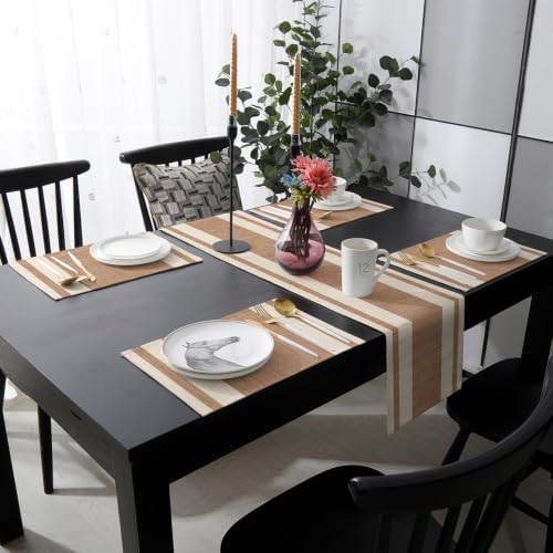 Classic Stripe Table Runner and Placemats Set of 6 Modern Brown Fabric