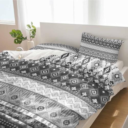 Duvet Cover Set Full, Tribal Gray Geometric Bohemian 3 Piece Bedding