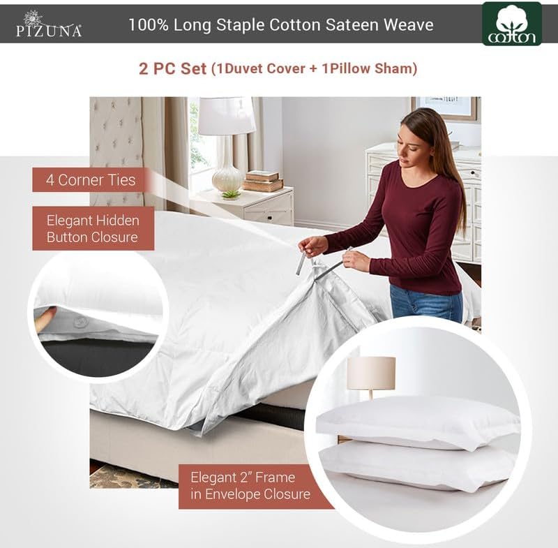 Pizuna 100% Cotton Twin Duvet Cover Set 400 Thread Count White