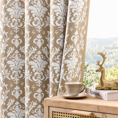 Beige Curtains 84 Inches Long 2 Panels Light Brown Damask Curtains