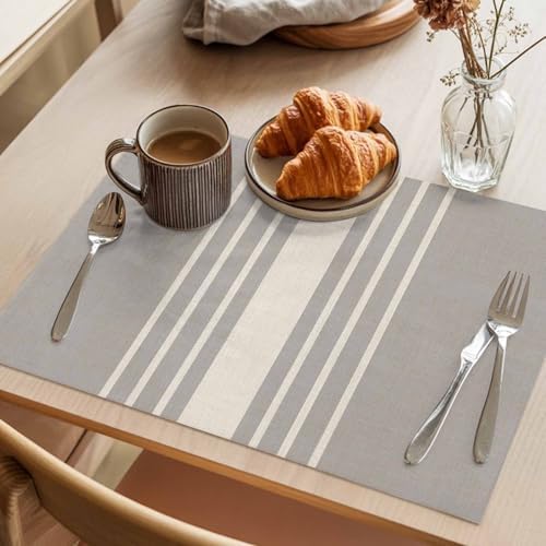 Placemats Set of 6, Beige Striped Cotton Linen Place Mats, Grey