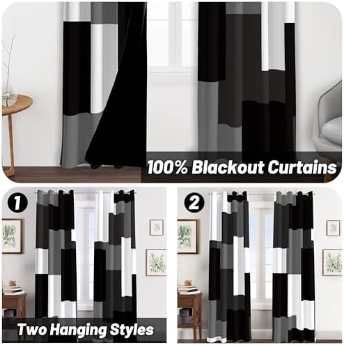 Tyrot Black White Grey Blackout Curtains for Bedroom Living Room