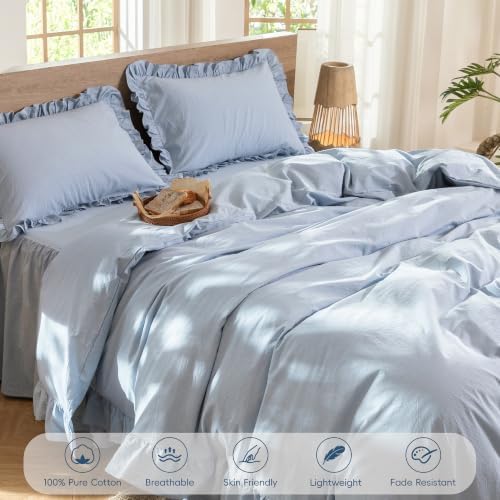 MooMee Ruffle Duvet Cover Set 100% Washed Cotton Queen