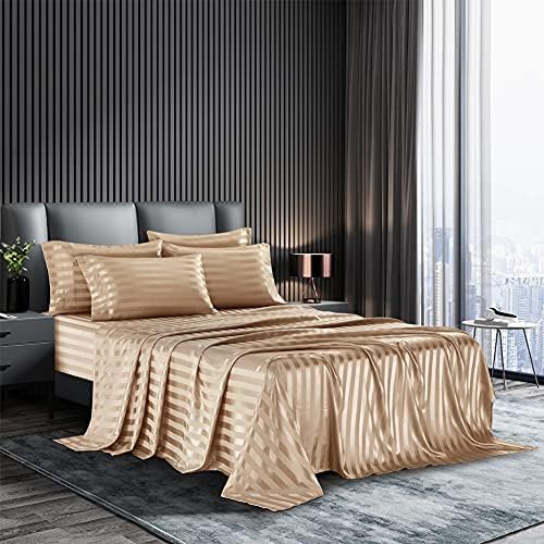 AiMay 6 Piece Satin Italian Style Bed Sheet Set Deep Pocket Striped
