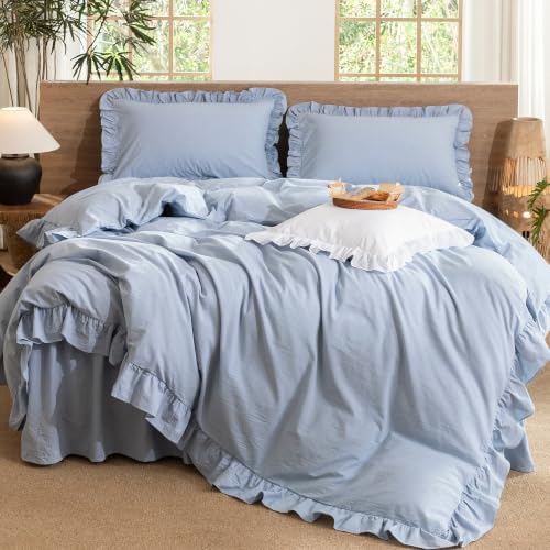 MooMee Ruffle Duvet Cover Set 100% Washed Cotton Queen