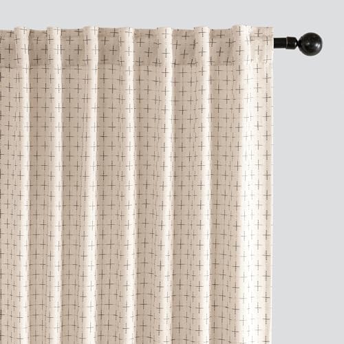 MIULEE Patterned Farmhouse Linen Curtains, Back Tab, 52Wx96L, Beige