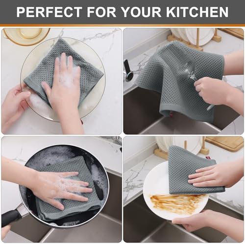 Kitinjoy 100% Cotton Waffle 6-Pack Kitchen Towels, 12" x 12", Grey
