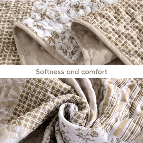 Mybedsoul Beige Boho Quilt King Size, Patchwork Floral Bedding Set