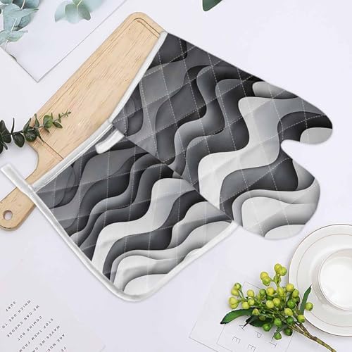 Quilted Cotton Terry Cloth Oven Mitt, Pot Holder White Grey Water