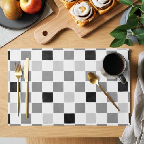 Grey Plaid Placemats Set of 8, Cotton Linen Fabric Place Mats, Modern