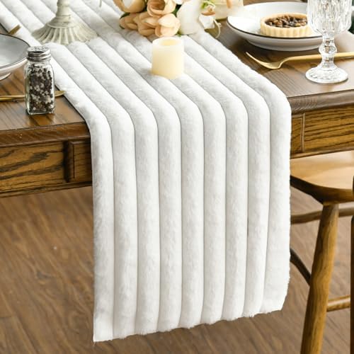 Artoid Mode Ivory Soft Plush Faux Fur Jacquard Table Runner, Holiday
