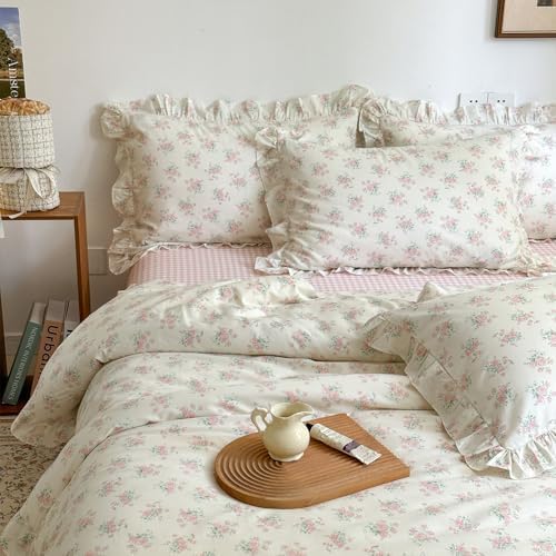 mixinni Pink Floral Duvet Cover Set Queen Size - 100% Cotton Ruffle