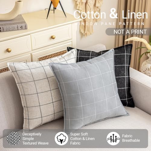 Grey Pillows Neutral Gray Plaid Linen Throw Pillow Covers 18x18 Set of
