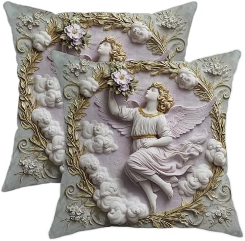 Angel Decorative Pillow Covers Set of 2, Vintage Style Cream and Gold