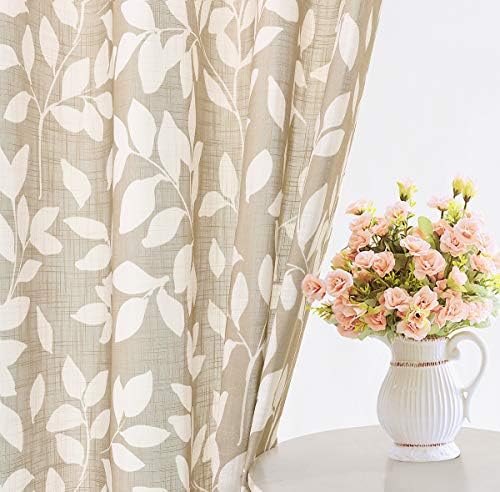 Leaf Print Semi Sheer Curtains 52x63" Living Room Taupe White Window