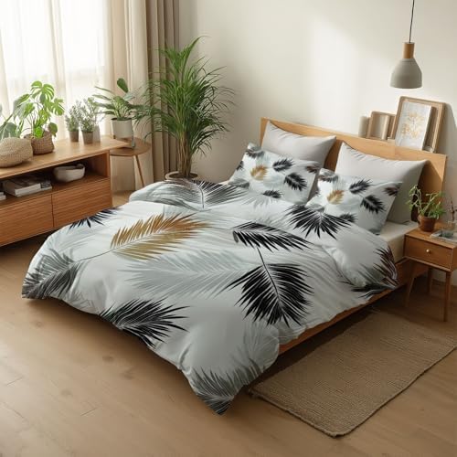 King Duvet Cover Set Minimalist Palm Leaves Soft Microfiber Reversible