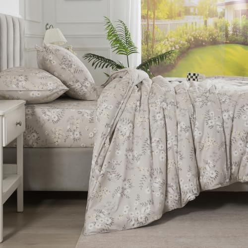 Gray-Beige Floral Duvet Cover Set Queen Size, 100% Cotton Percale