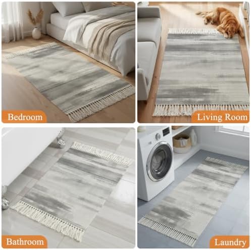 Light Gray Ombre Hallway Runner Rug 2'x5', Modern Abstract Art Oil