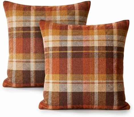 Fall Plaid Pillow Covers 22x22 Inch Orange Brown Checkered Throw