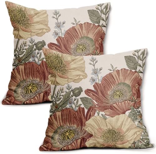 Vintage Floral Pillow Covers 18X18 Inch Set of 2 Red Rust Brown Yellow