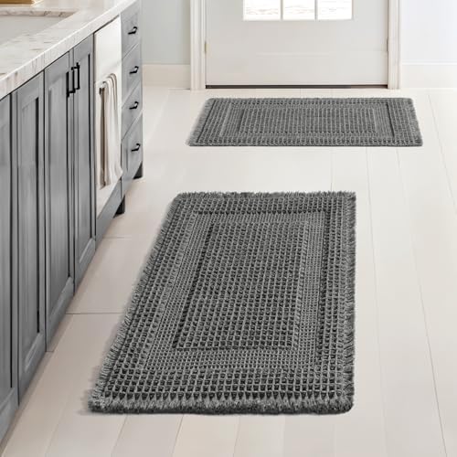 MIULEE Set of 2 Waffle Bathroom Rugs Dark Grey Boho Bath Mat 17x24 in