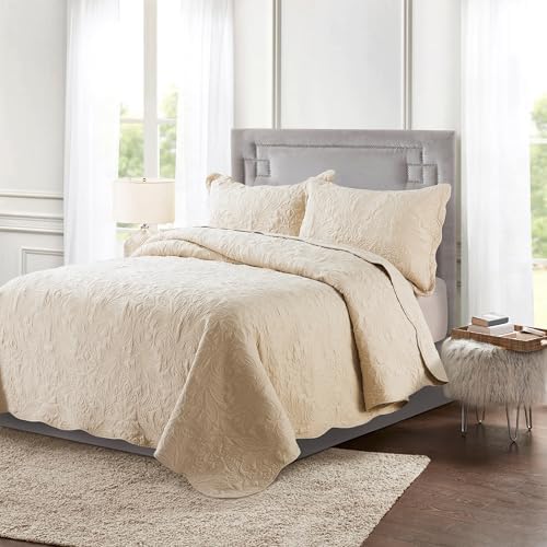 HoneiLife Quilt Set Queen Size - 3 Piece Embroidered Microfiber