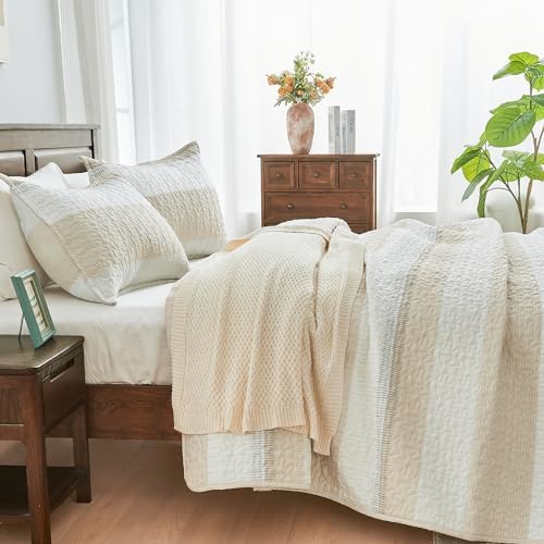 Andency King Size Quilt Set Beige, 3 Pcs Bedspreads & Coverlets