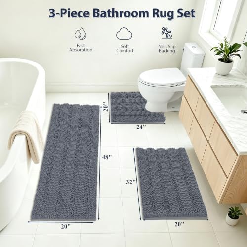 HEBE Bathroom Rugs Sets 3 Piece, Non Slip Washable Chenille Bath Mat