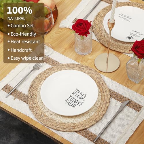 Handmade Boho Placemats Set of 4 | Natural Woven & Fabric Cotton Combo