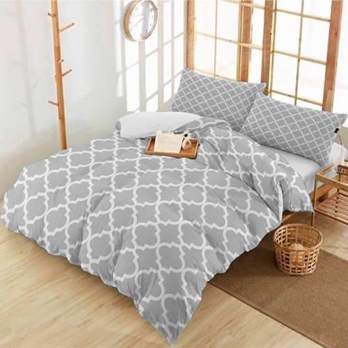 Duvet Cover Set Full, Country Light Grey Geometric 3 Piece Bedding Set
