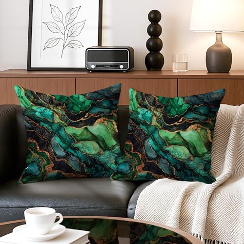 Emerald Green Abstract Throw Pillow Covers Set of 2, Glittering Art