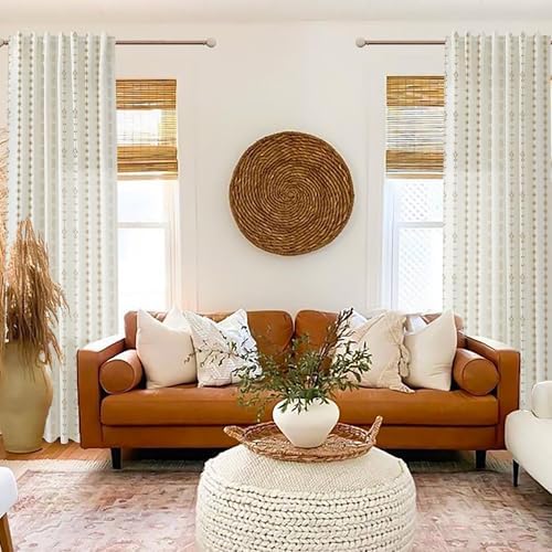 Dark Brown and Cream Beige Sheer Linen Curtains 96 Inches Long,Boho
