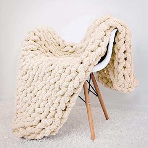 Large Chenille Throw Blanket Chunky Hand Knit Bed Throw 59x79 Beige