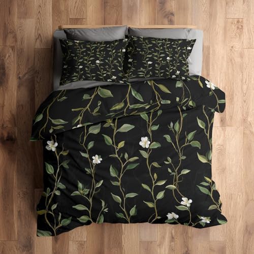 Botanical Duvet Cover King Size, Tree Stripe Floral Black Green