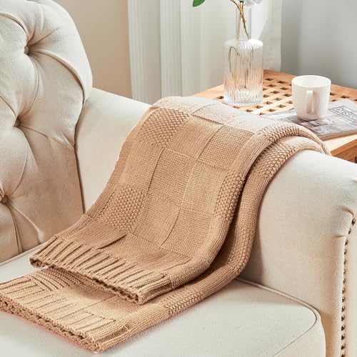 CozeCube Beige Knitted Checkered Throw Blanket 60"X80"