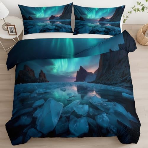 California King Duvet Cover Set Northern Lights Mountain Rocks Soft