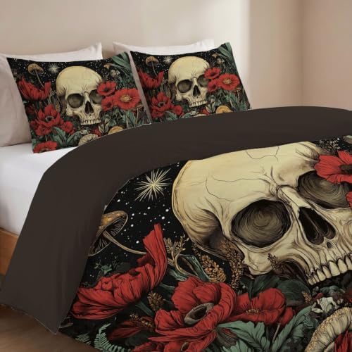 Charcoal Gray Gothic Skull Starry Sky Duvet Cover Set for Women Girls