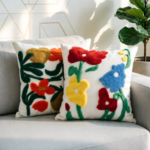 Boho Art Red Spring Floral Embroidered Throw Pillow Cover 18"x18" Set