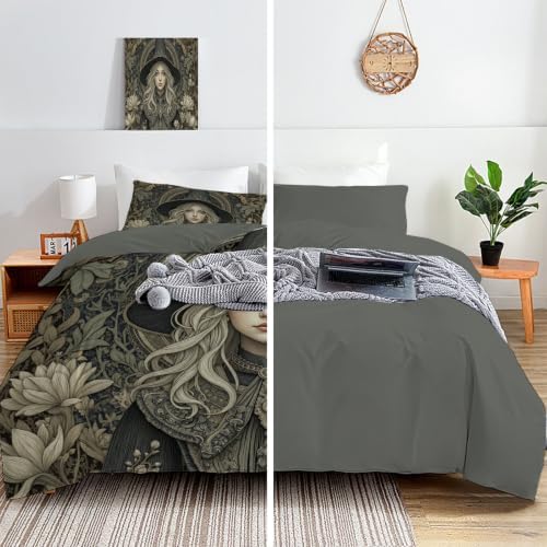 Charcoal Gray Retro Halloween Witch Duvet Cover Set For Women Girls