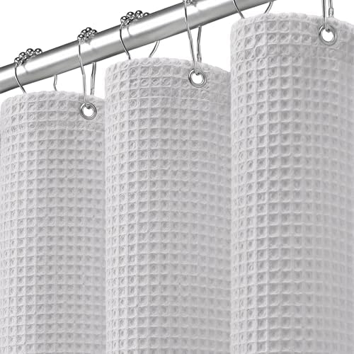 Waffle Weave Shower Curtain Heavyweight Cotton Fabric Light Grey