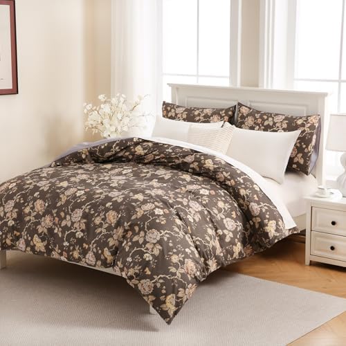 Zusbest Grey Brown Duvet Cover Set Queen Size 100% Cotton Shabby