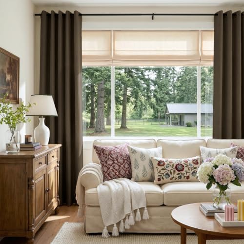 100% Blackout Linen Curtains 96 Inch Long 2 Panels Set, Dark Brown