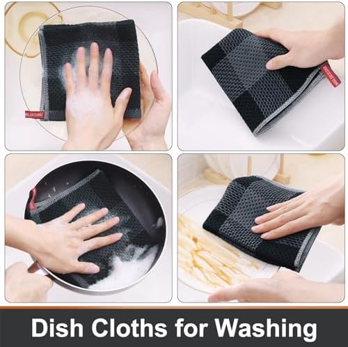 Mordimy Cotton Waffle Weave Dish Cloths, 12"x 12", 6 Pack, Black &