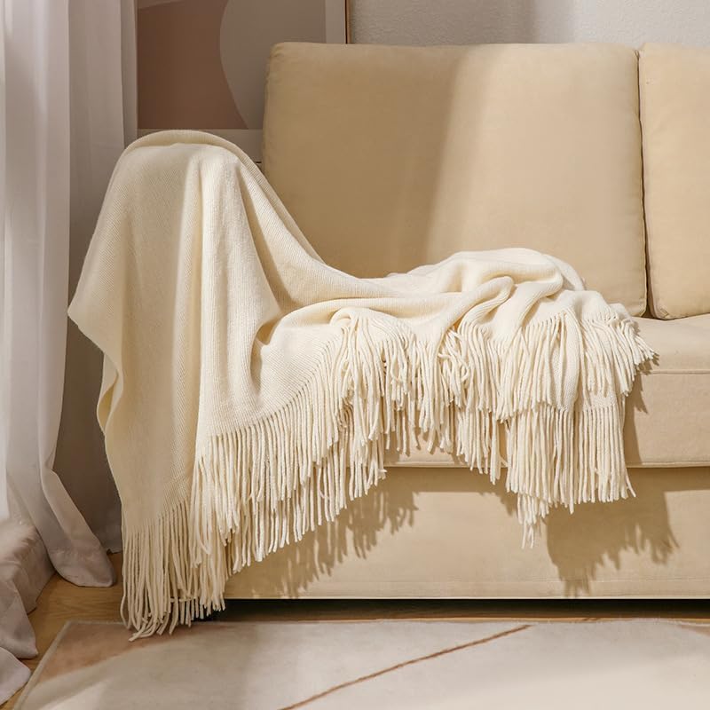Acrylic Tassels Knitted Bed Couch Throw Blanket 50"x70", Beige