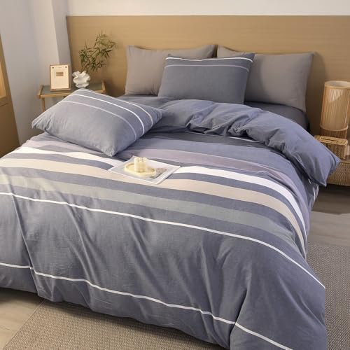 vctops 100% Washed Cotton Duvet Cover King Size 3 Pieces Grey Striped