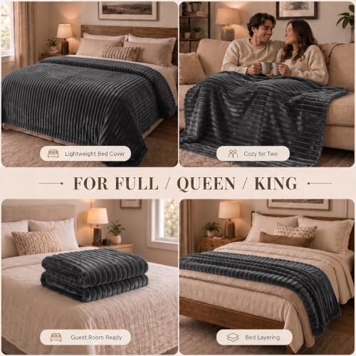 HIMEET Charcoal Grey Queen Blanket for Bed, 300GSM Ribbed Fleece, 90 x
