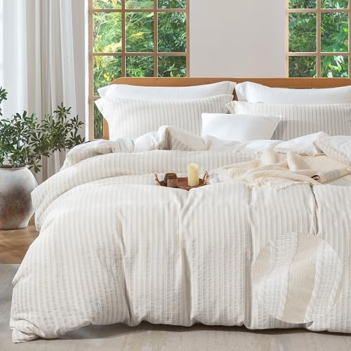 MILDLY Jacquard Striped Duvet Cover Set 2pcs Dual Zipper Beige Twin