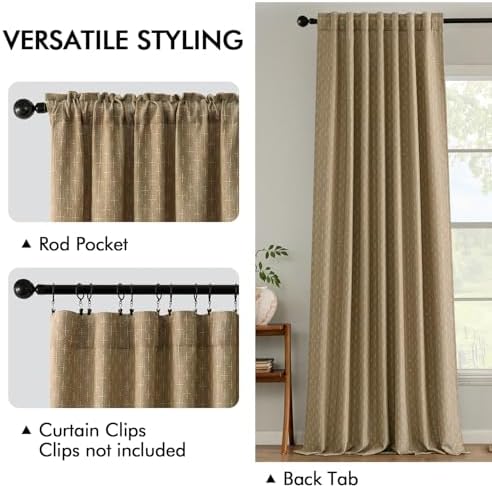 MIULEE Patterned Farmhouse Linen Curtains, Back Tab, 52Wx72L, Khaki
