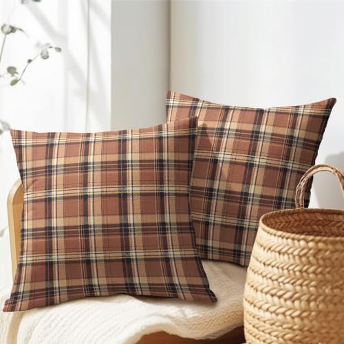 Christmas Plaid Pillow Covers 22x22 Set of 2 Burnt Orange Highly