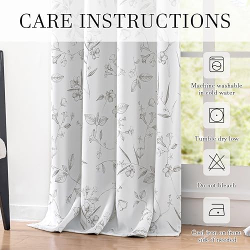 ChrisDowa 100% Grey Blackout Floral Curtains 96 Inches Long 2 Panels